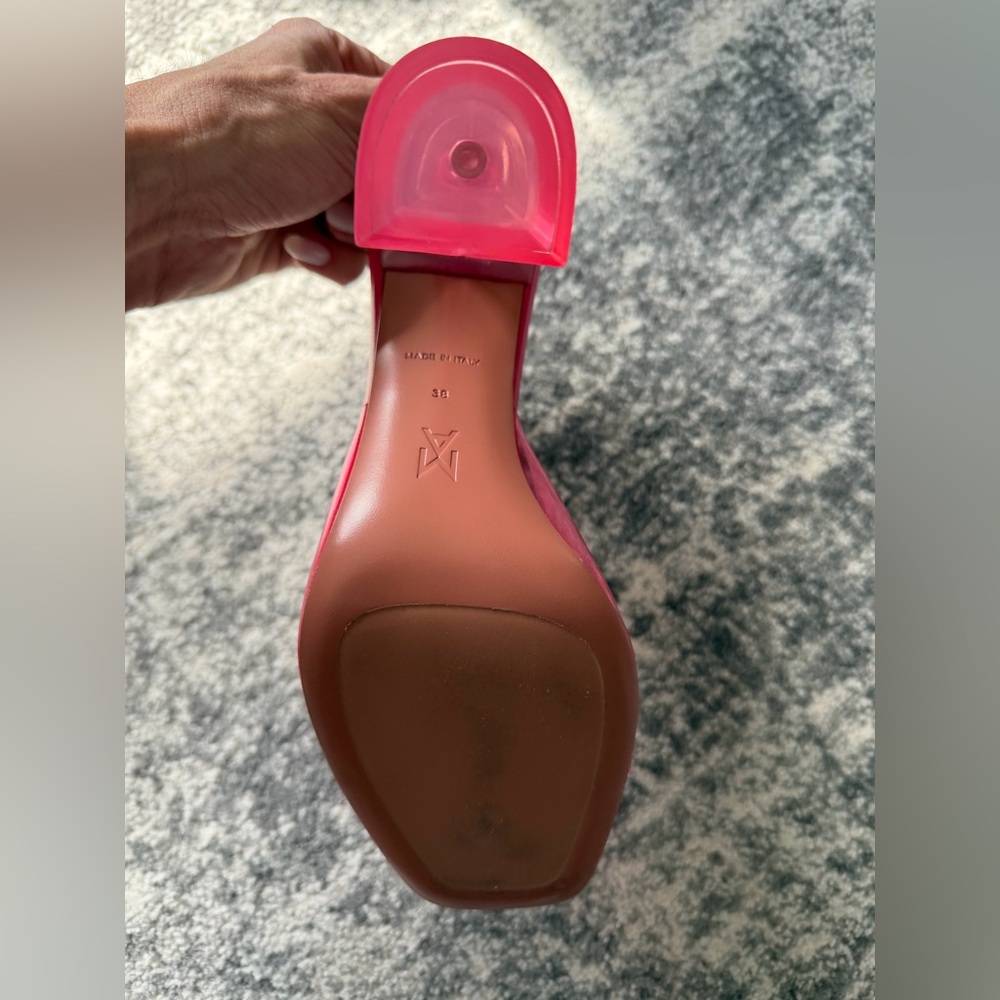 Amina Muaddi Pink PVC Mule Heels Square Toe Sandals Flared Heel Size 38 - Picture 7 of 7